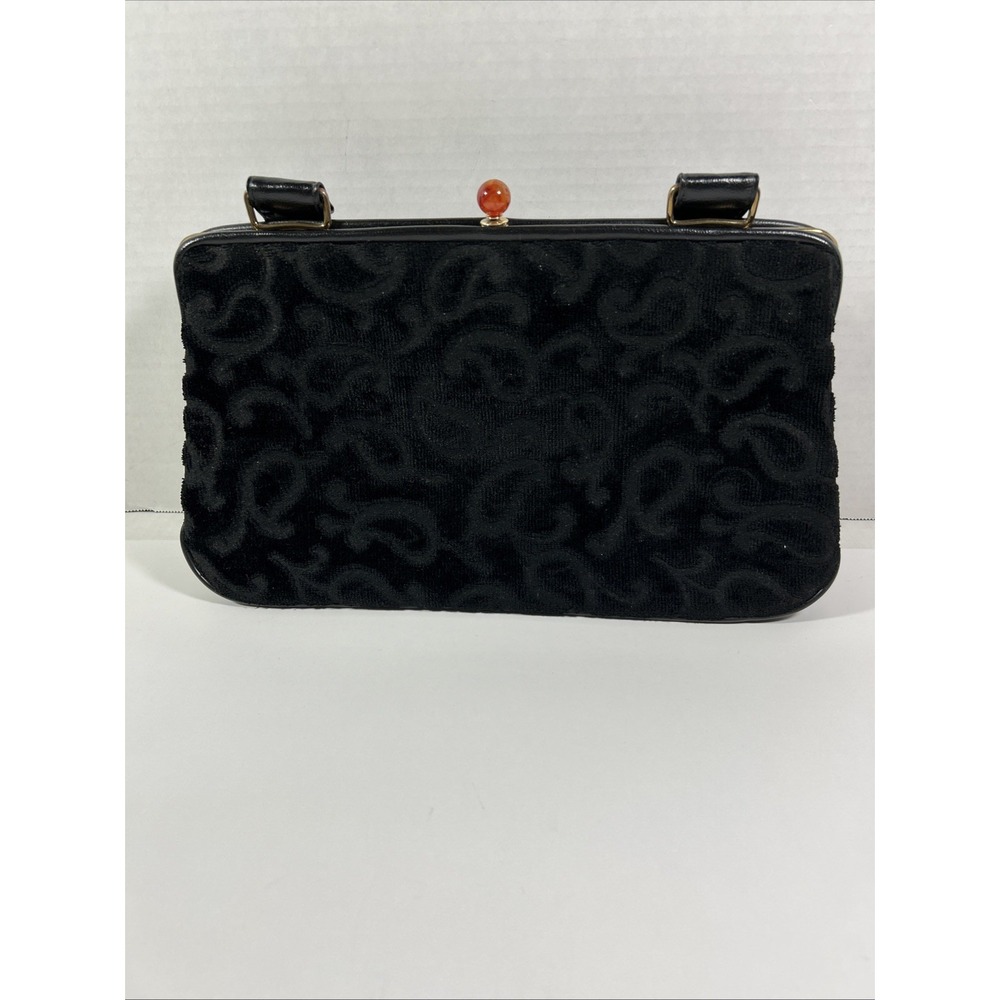 Vintage Black Flocked Velvet‎ Scroll Clutch Purse With Handle 11 1/2 X 8